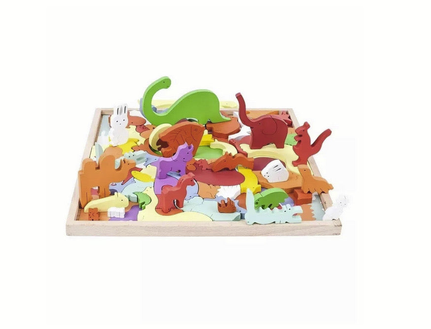 Puzzle 3D tip tetris, cu forme de animale, cu 76 de piese din lemn, pentru copii 3 ani+, 30x30x1.5 cm, multicolor