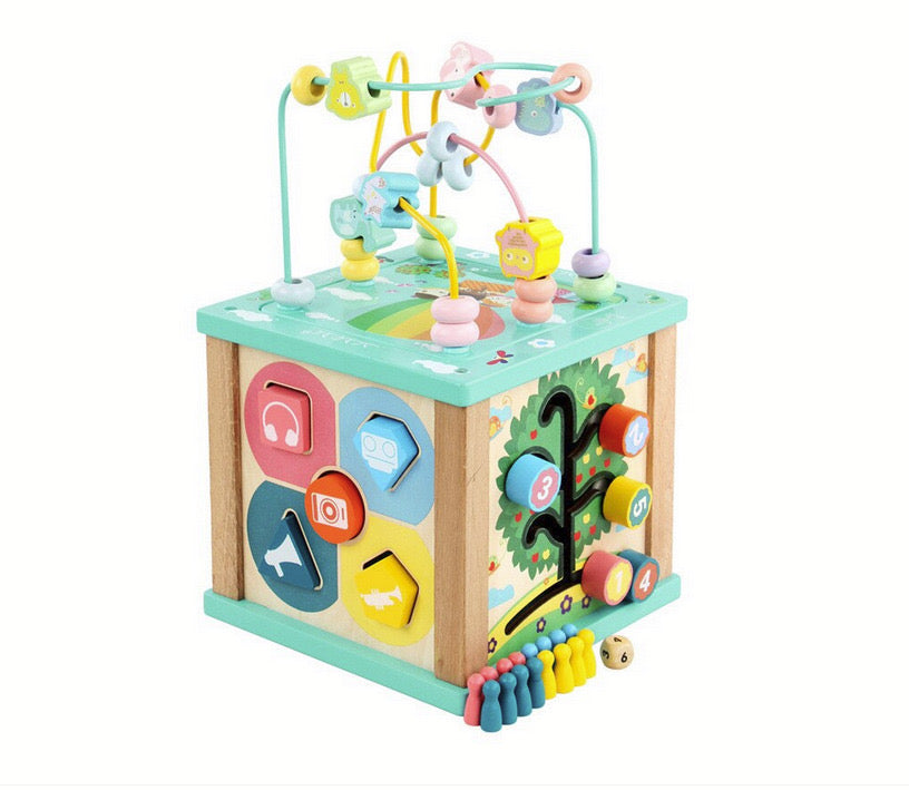 Cub de activitate Montessori 6 laturi din lemn, + 3 ani, 30×19×19 cm, Multicolor