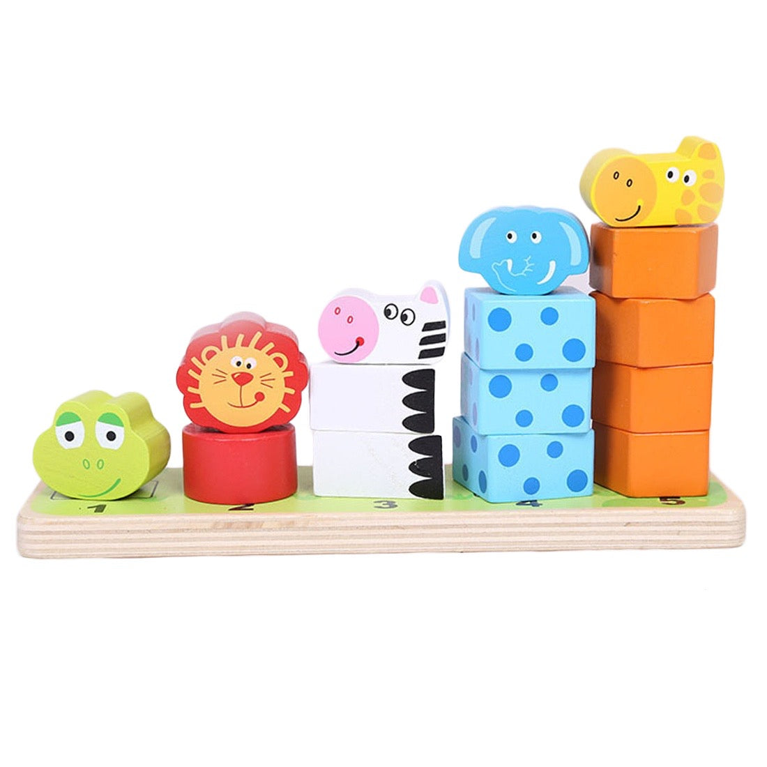 Piramidă sortator din lemn Animale – joc logic, 22×7×13 cm