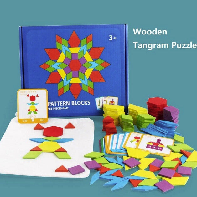 Set Tangram Montessori YATOVUR, 155 piese din lemn, multicolor