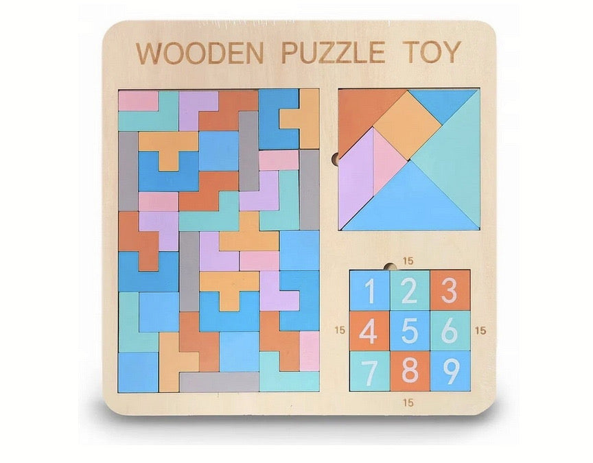 Puzzle cu forme și numere 3D pentru copii 3 ani+ din lemn, 30x30 cm, Multicolor