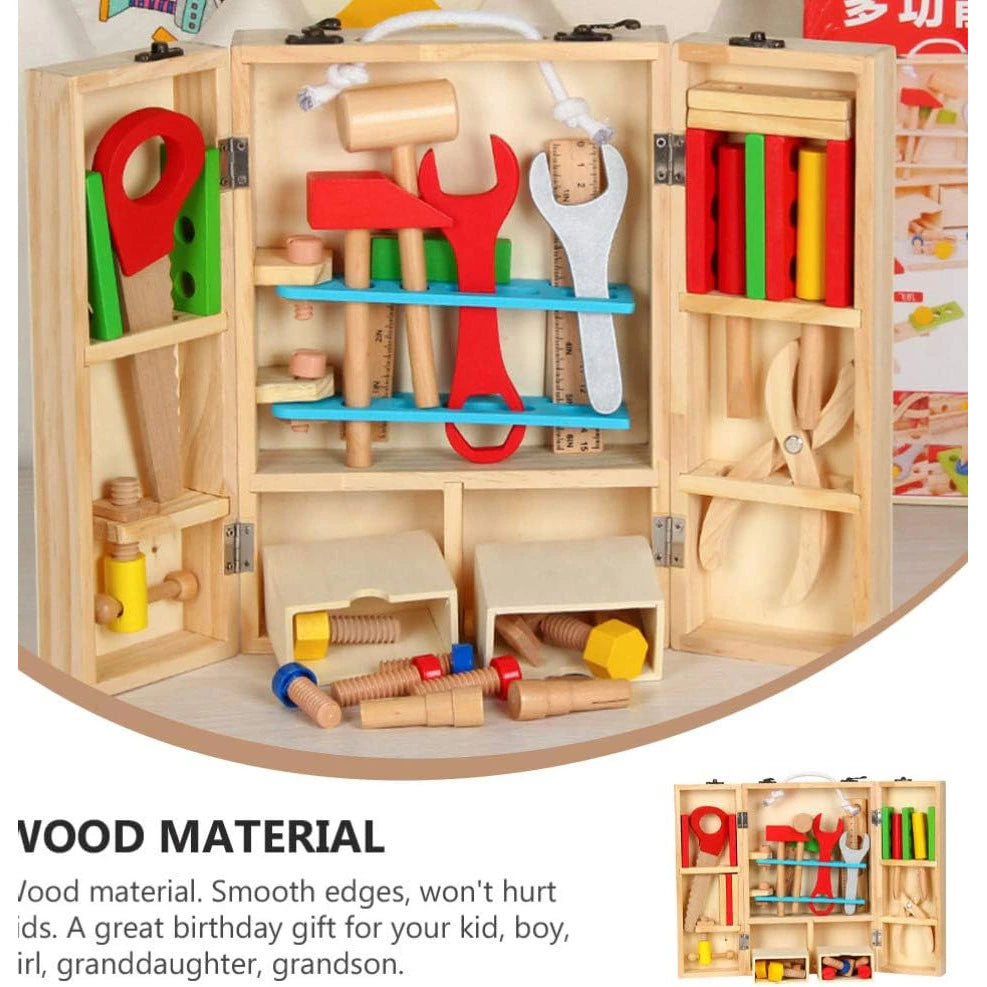 Trusa de scule din lemn pentru copii, set educativ cu unelte colorate, 3+ ani, 29.7x20.5cm
