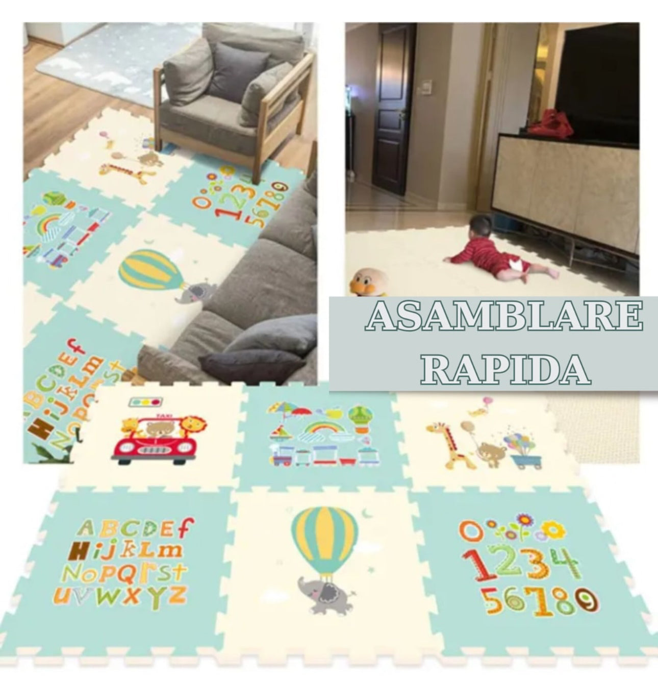 Covoras Puzzle din Spuma Moale Tip Covor, pentru Copii, cu Izolatie Termica si Suprafata Antiderapanta, 117x118x1.3cm