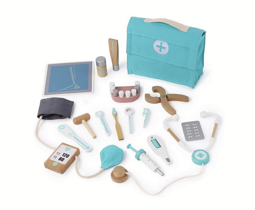 Joc educativ - Trusă de doctor din lemn cu 18 accesorii