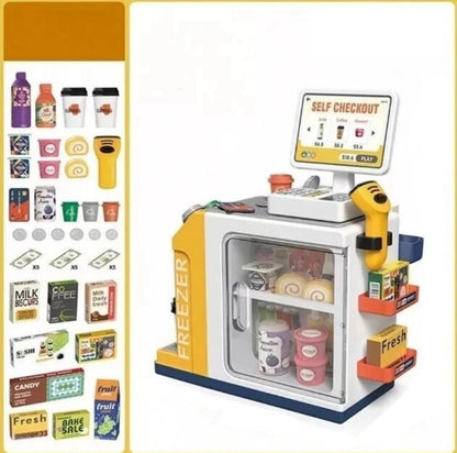 Set supermarket de jucarie, pentru copii 3 ani+, cu 46 de piese, plastic, 41x37x20.5 cm, alb-galben