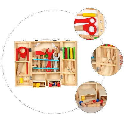 Trusa de scule din lemn pentru copii, set educativ cu unelte colorate, 3+ ani, 29.7x20.5cm