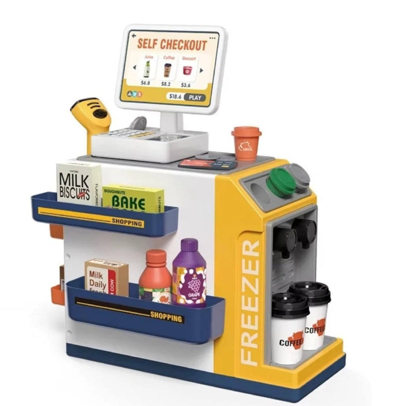 Set supermarket de jucarie, pentru copii 3 ani+, cu 46 de piese, plastic, 41x37x20.5 cm, alb-galben