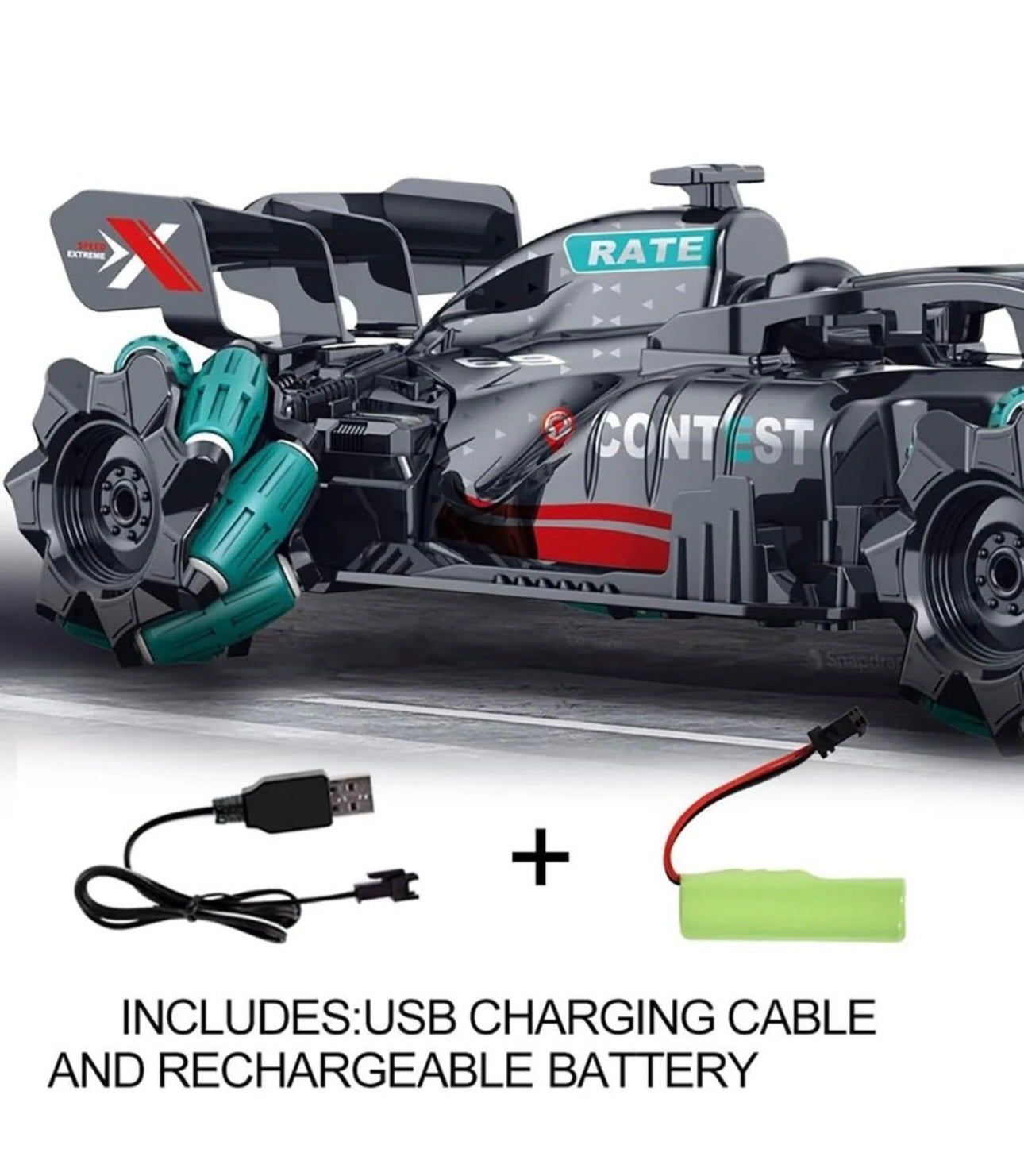 Masinuta de viteza cu telecomanda, efect de fum, lumini, viteza 25km/h, 360° rotire, negru-verde