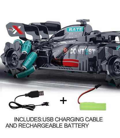 Masinuta de viteza cu telecomanda, efect de fum, lumini, viteza 25km/h, 360° rotire, negru-verde