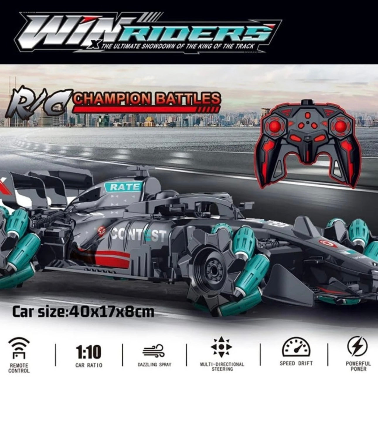 Masinuta de viteza cu telecomanda, efect de fum, lumini, viteza 25km/h, 360° rotire, negru-verde