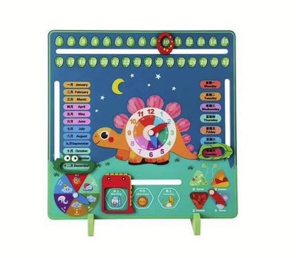 Panou educativ cu Ceas si Calendar din lemn, Model Dinozaur
