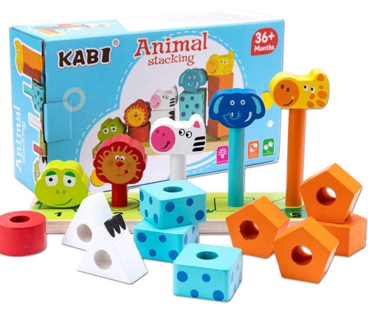 Piramidă sortator din lemn Animale – joc logic, 22×7×13 cm