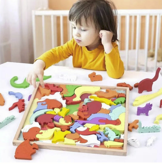 Puzzle 3D tip tetris, cu forme de animale, cu 76 de piese din lemn, pentru copii 3 ani+, 30x30x1.5 cm, multicolor