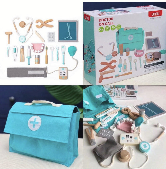 Joc educativ - Trusă de doctor din lemn cu 18 accesorii