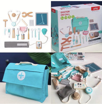 Joc educativ - Trusă de doctor din lemn cu 18 accesorii