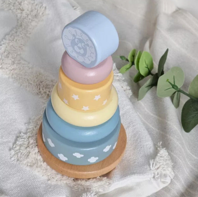 Turn de stivuire Montessori din lemn culori pastelate