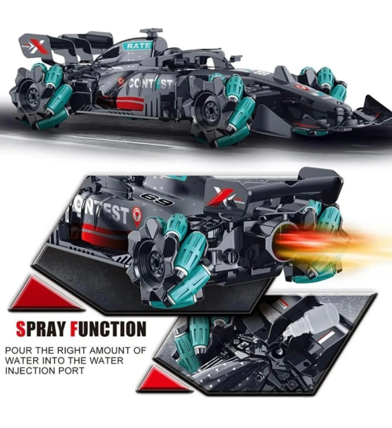 Masinuta de viteza cu telecomanda, efect de fum, lumini, viteza 25km/h, 360° rotire, negru-verde