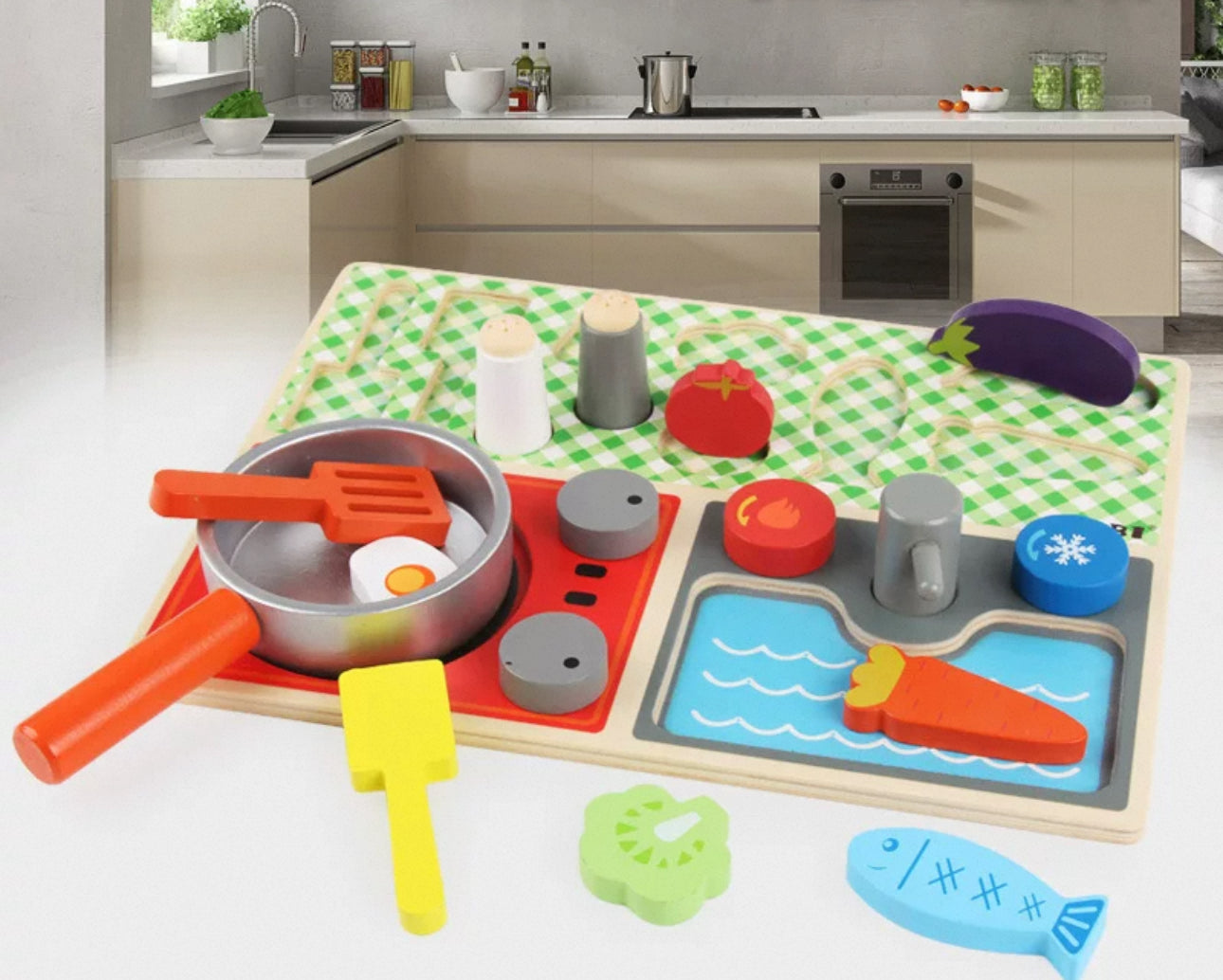 Set bucatarie din lemn, KABI KITCHEN, 15 piese, multiple accesorii, multicolor, 36m+