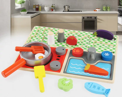 Set bucatarie din lemn, KABI KITCHEN, 15 piese, multiple accesorii, multicolor, 36m+