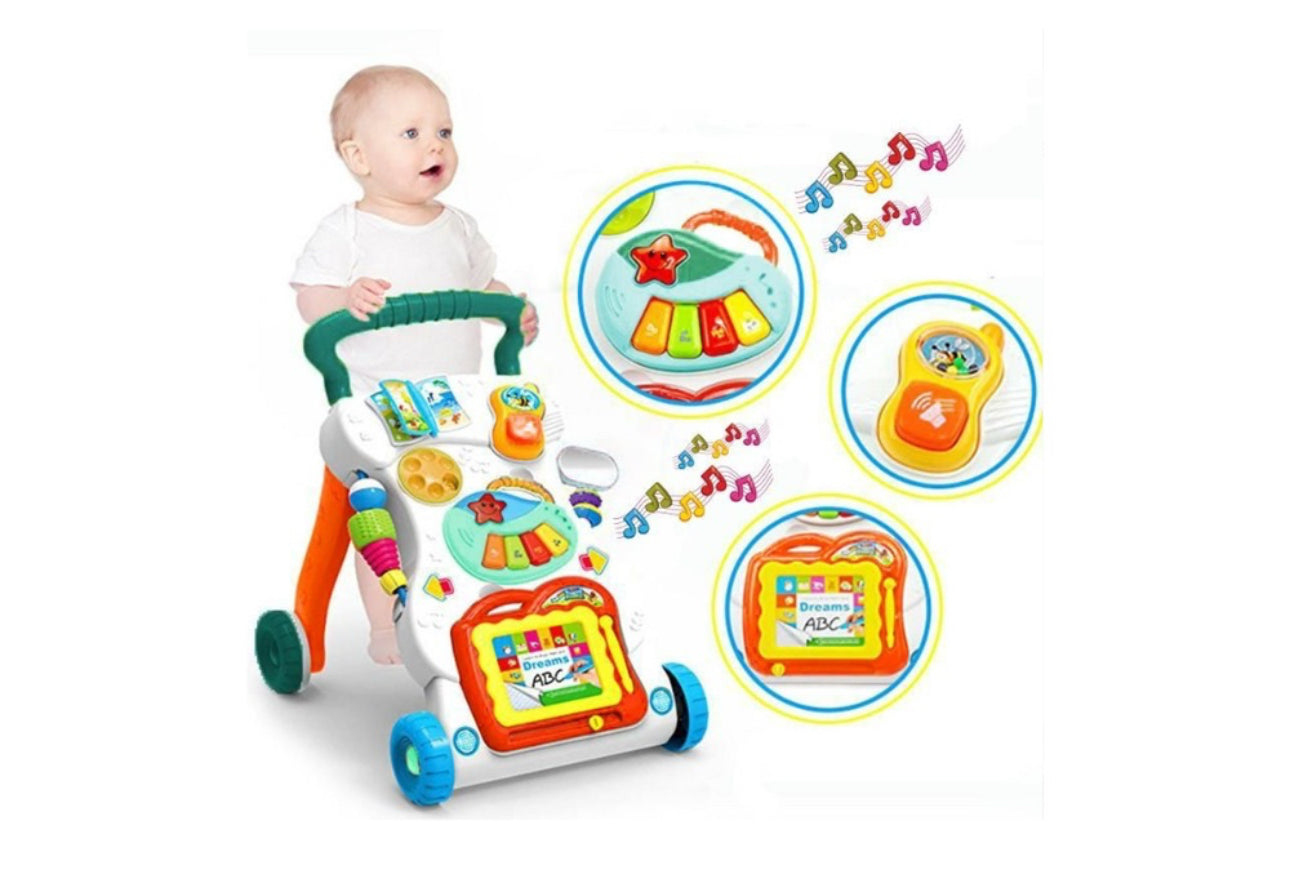 Antemergator Interactiv, 4 in 1, Muzical, Cu Jucarii Detasabile, Tabla de scris, Oglinda, +6luni