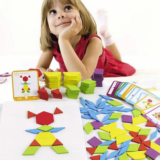 Set Tangram Montessori YATOVUR, 155 piese din lemn, multicolor