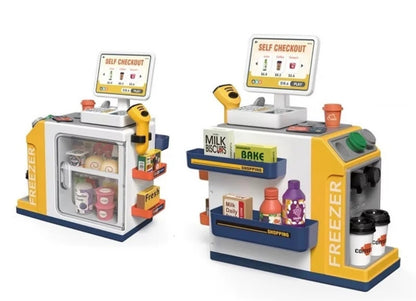 Set supermarket de jucarie, pentru copii 3 ani+, cu 46 de piese, plastic, 41x37x20.5 cm, alb-galben