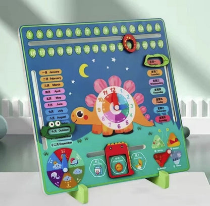 Panou educativ cu Ceas si Calendar din lemn, Model Dinozaur