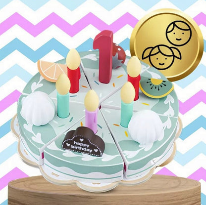 Tort de feliat din lemn - Set de joaca pentru copii cu 24 elemente, Birthday Cake