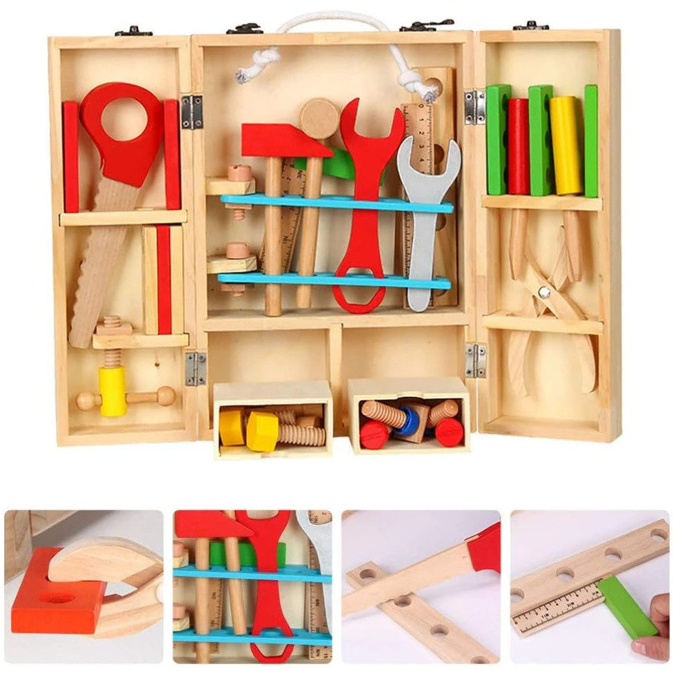 Trusa de scule din lemn pentru copii, set educativ cu unelte colorate, 3+ ani, 29.7x20.5cm