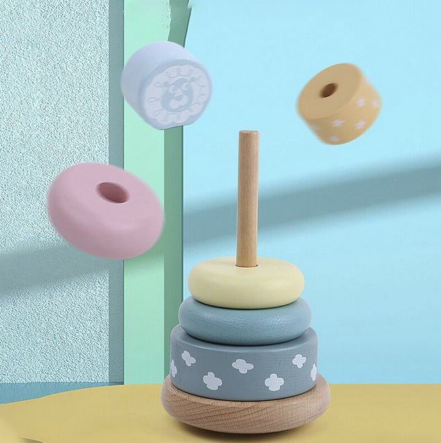 Turn de stivuire Montessori din lemn culori pastelate