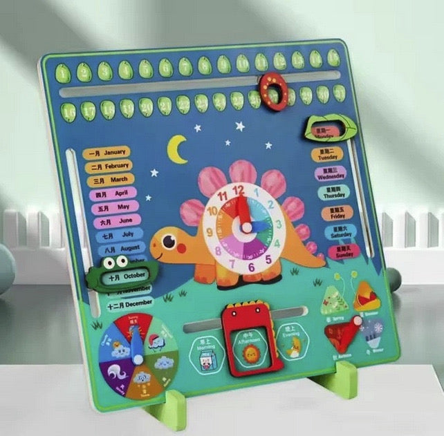 Panou educativ cu Ceas si Calendar din lemn, Model Dinozaur