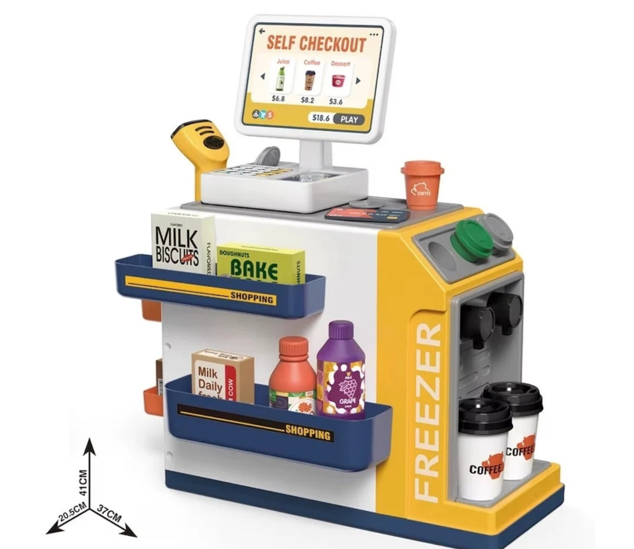 Set supermarket de jucarie, pentru copii 3 ani+, cu 46 de piese, plastic, 41x37x20.5 cm, alb-galben