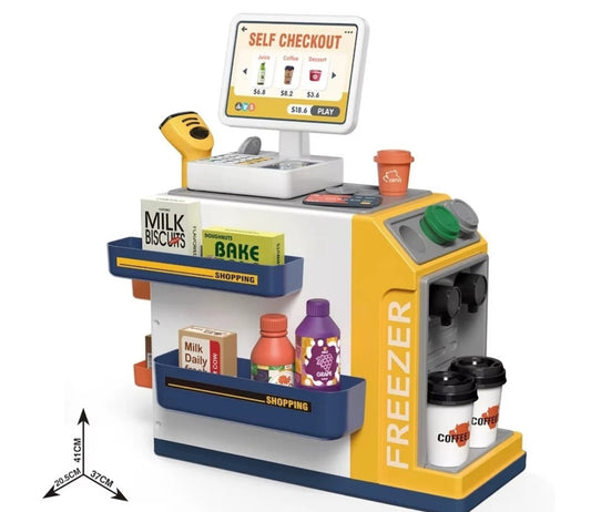 Set supermarket de jucarie, pentru copii 3 ani+, cu 46 de piese, plastic, 41x37x20.5 cm, alb-galben