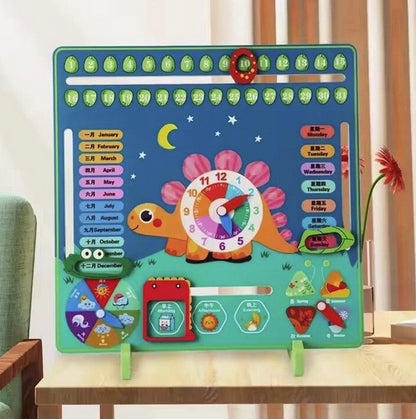 Panou educativ cu Ceas si Calendar din lemn, Model Dinozaur