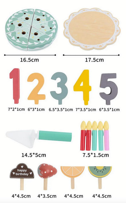 Tort de feliat din lemn - Set de joaca pentru copii cu 24 elemente, Birthday Cake