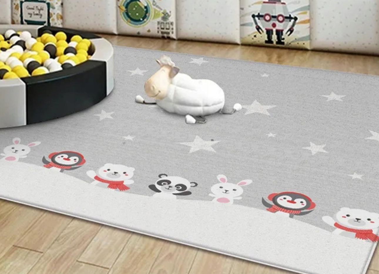 Covor de joaca pliabil, Loka®, Termic, Antiderapant, Educativ si interactiv, Reversibil, Model Ursuleti, Gri/Crem, 180x150X0.5 cm