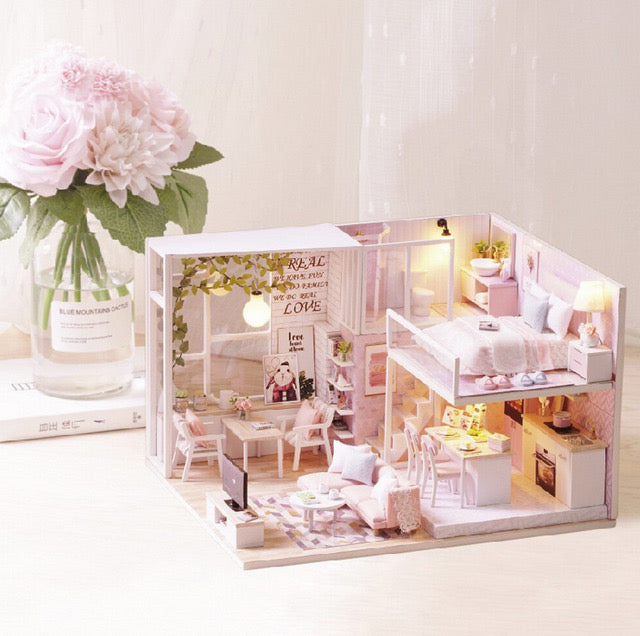 Căsuță de păpuși mini 3D, Led, Lemn, Multicolor