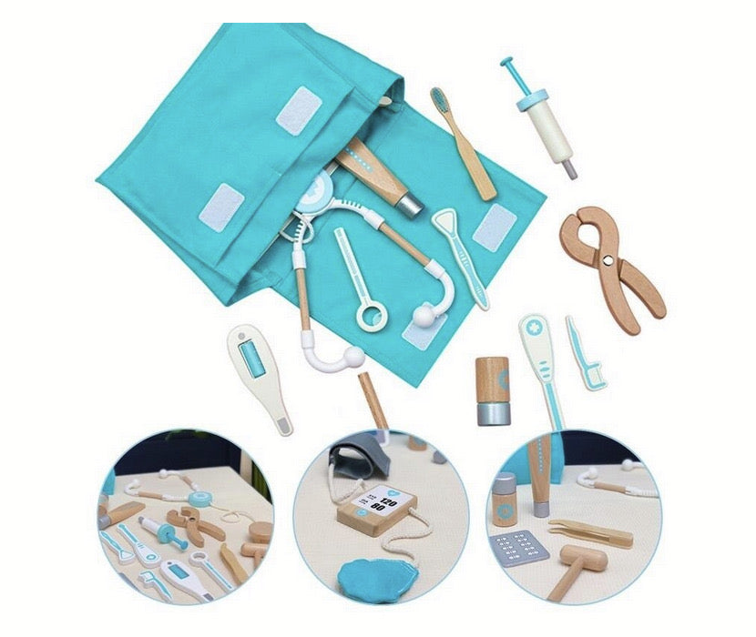 Joc educativ - Trusă de doctor din lemn cu 18 accesorii