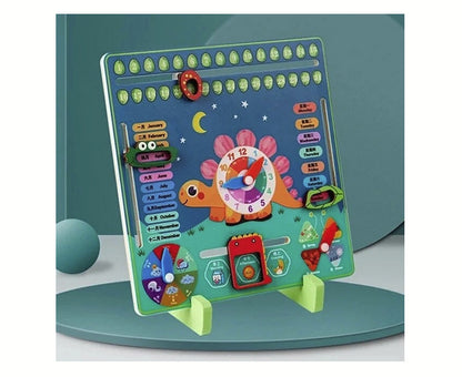 Panou educativ cu Ceas si Calendar din lemn, Model Dinozaur