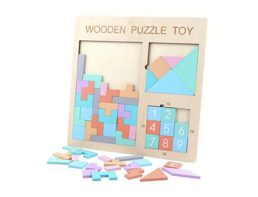 Puzzle cu forme și numere 3D pentru copii 3 ani+ din lemn, 30x30 cm, Multicolor