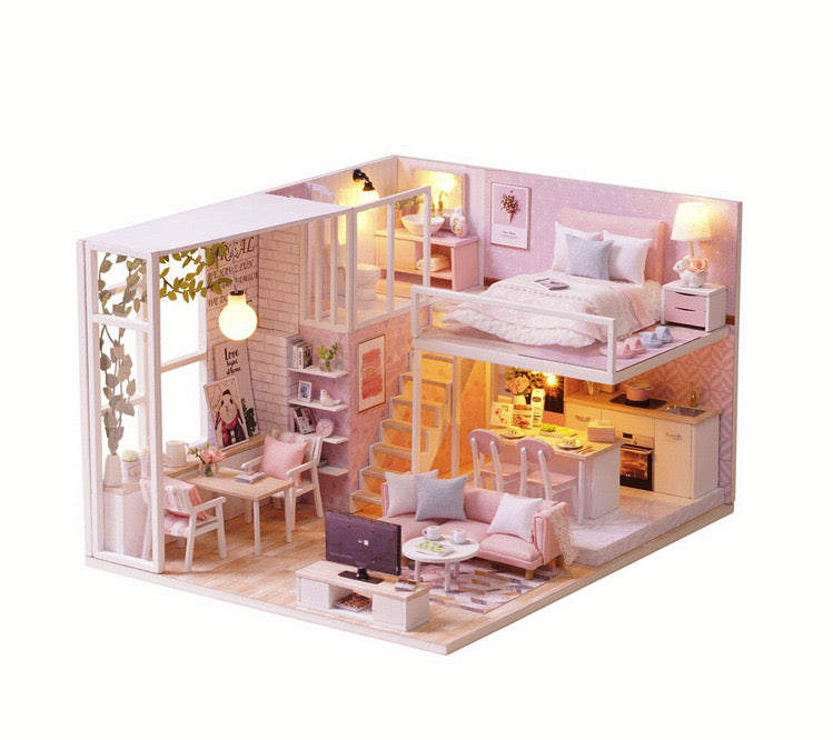 Căsuță de păpuși mini 3D, Led, Lemn, Multicolor