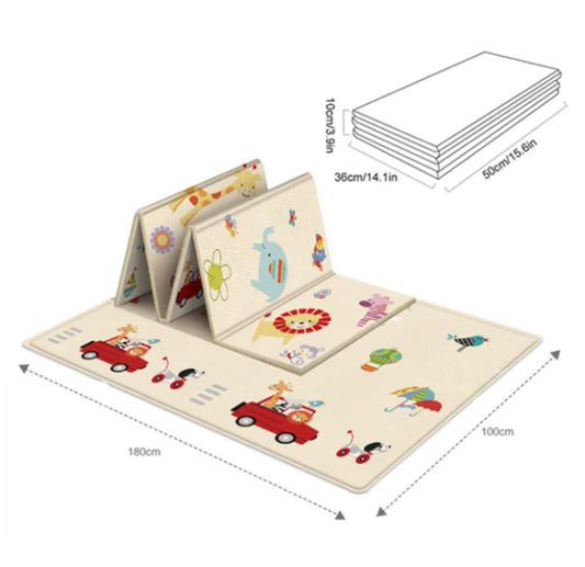 Covor de joaca pliabil, Loka®, Termic, Antiderapant, Educativ si interactiv, Cu 2 fete, Model Animale/Vehicule, Crem, 180x100x1cm