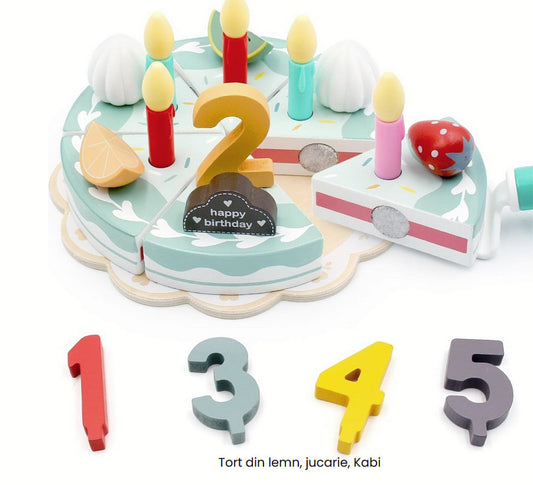 Tort de feliat din lemn - Set de joaca pentru copii cu 24 elemente, Birthday Cake