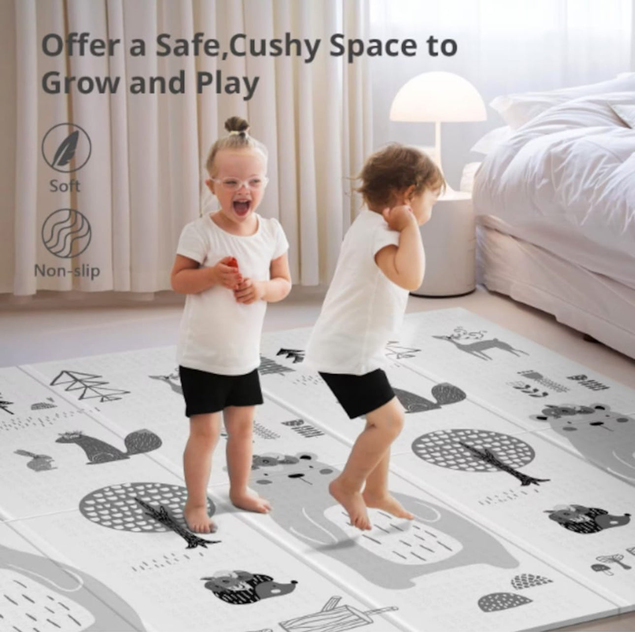 Covor de joaca pliabil, Loka®, Termic, Antiderapant, Educativ si interactiv, Cu 2 fete, Model Animale/Vehicule, Crem, 180x100x1cm