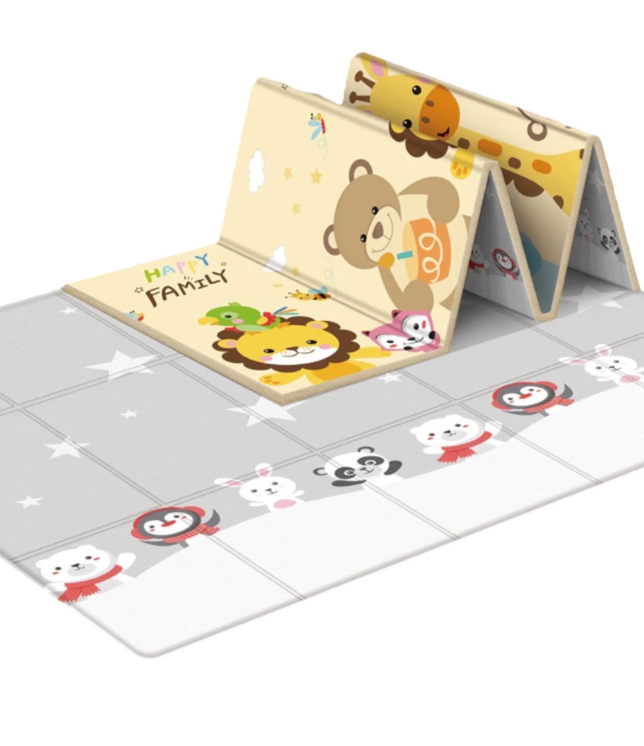 Covor de joaca pliabil, Loka®, Termic, Antiderapant, Educativ si interactiv, Reversibil, Model Ursuleti, Gri/Crem, 180x150X0.5 cm