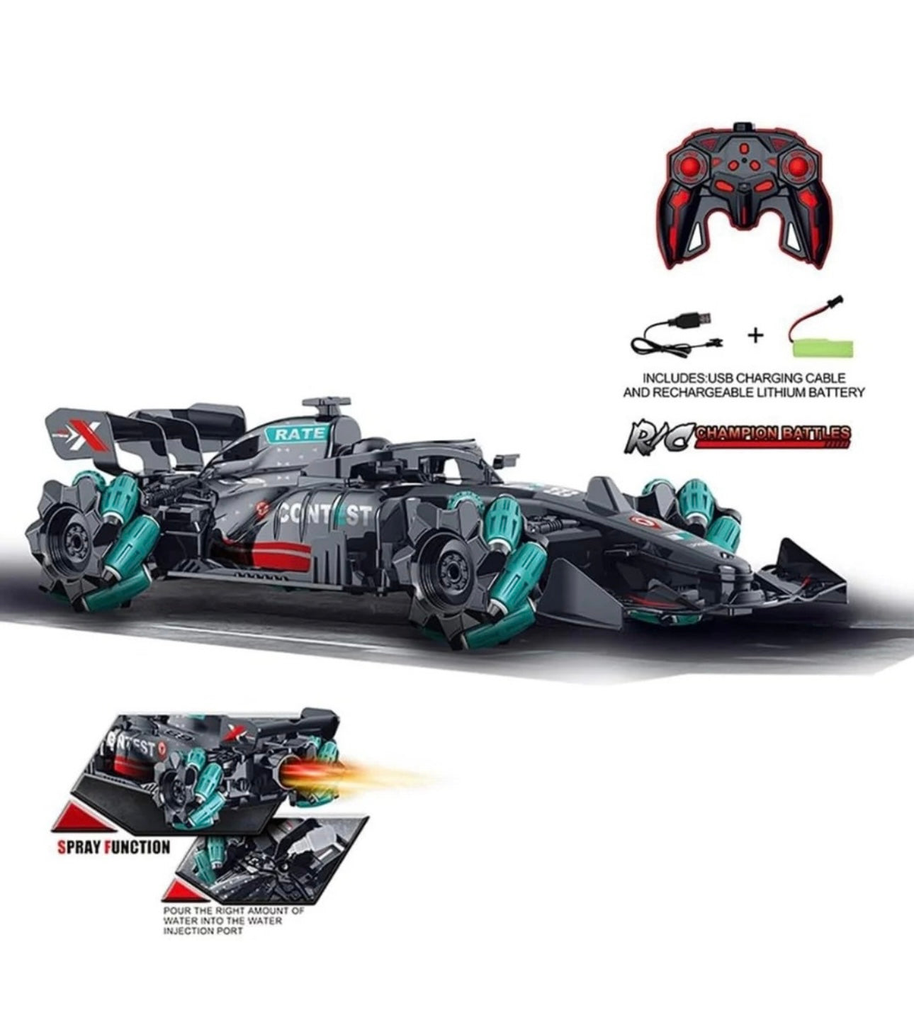 Masinuta de viteza cu telecomanda, efect de fum, lumini, viteza 25km/h, 360° rotire, negru-verde