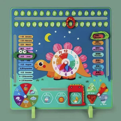 Panou educativ cu Ceas si Calendar din lemn, Model Dinozaur