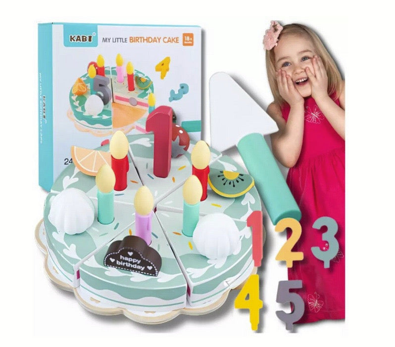 Tort de feliat din lemn - Set de joaca pentru copii cu 24 elemente, Birthday Cake