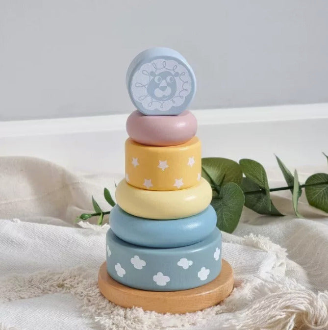 Turn de stivuire Montessori din lemn culori pastelate