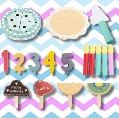 Tort de feliat din lemn - Set de joaca pentru copii cu 24 elemente, Birthday Cake